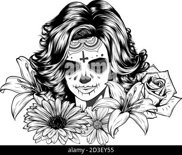 Cranio umano e la ghirlanda di fiori. Los Muertos. Illustrazione Vettoriale. Illustrazione Vettoriale