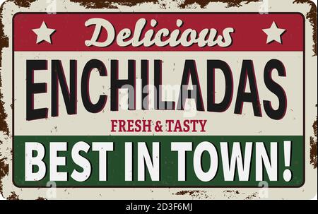 Enchiladas arrugginito piastra di metallo, vettore ruggine tino segno. Prezzo ferruchinoso cibo messicano tag Illustrazione Vettoriale