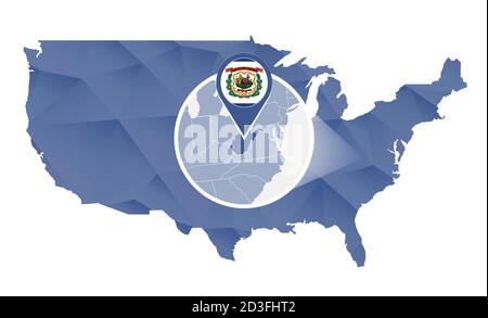 West Virginia state ingrandito sulla mappa degli Stati Uniti. Mappa astratta degli Stati Uniti di colore blu. Illustrazione vettoriale. Illustrazione Vettoriale