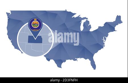 Stato del Kansas ingrandito sulla mappa degli Stati Uniti. Mappa astratta degli Stati Uniti di colore blu. Illustrazione vettoriale. Illustrazione Vettoriale