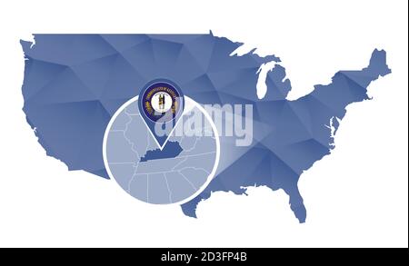 Stato del Kentucky ingrandito sulla mappa degli Stati Uniti. Mappa astratta degli Stati Uniti di colore blu. Illustrazione vettoriale. Illustrazione Vettoriale