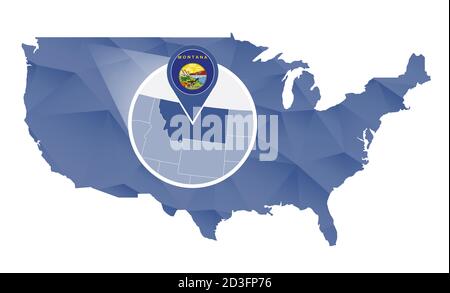 Stato del Montana ingrandito sulla mappa degli Stati Uniti. Mappa astratta degli Stati Uniti di colore blu. Illustrazione vettoriale. Illustrazione Vettoriale