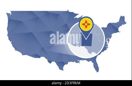 Stato del nuovo Messico ingrandito sulla mappa degli Stati Uniti. Mappa astratta degli Stati Uniti di colore blu. Illustrazione vettoriale. Illustrazione Vettoriale