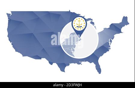 Stato del Rhode Island ingrandito sulla mappa degli Stati Uniti. Mappa astratta degli Stati Uniti di colore blu. Illustrazione vettoriale. Illustrazione Vettoriale