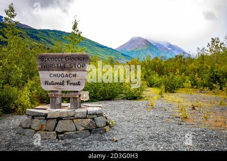 Cartello del Ghiacciaio Spencer in Chugach National Forest Alaska Trail Foto Stock