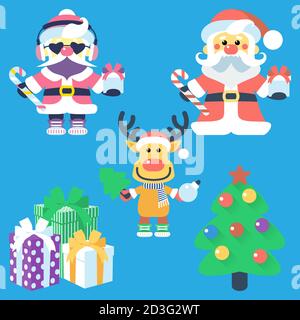 Vector Icon design piatto con renne di Babbo Natale e Babbo Natale, albero di Natale e regali Illustrazione Vettoriale