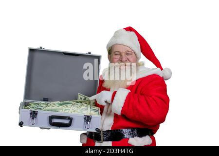 Babbo Natale con caso di dollari, ritratto. Foto Stock
