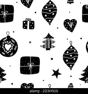 Motivo senza cuciture monocromatico natalizio con elementi decorativi doodle. Confezione regalo, albero di Natale, baubles, decorazioni a forma di cuore vettore illus Illustrazione Vettoriale