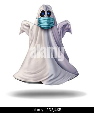 Ghost indossa un concetto di maschera facciale come simbolo di stagione di festa di Halloween per la salute e la prevenzione delle malattie sanitarie come attrezzatura medica prevenzione. Foto Stock