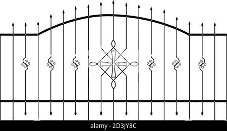 SCHIZZO di elementi metallici forgiati con ornamenti antichi. La forgiatura artistica appartiene alla categoria delle lavorazioni a mano. Ricci su sfondo bianco. Recinzione Illustrazione Vettoriale