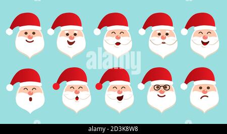 Insieme di diverse emozioni carattere Babbo Natale. Volto felice e triste di Babbo Natale con barba bianca. Illustrazione vettoriale isolata in stile cartoon Illustrazione Vettoriale