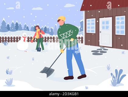 Persone che puliscono la neve al di fuori della casa piatta colore vettore illustrazione Illustrazione Vettoriale