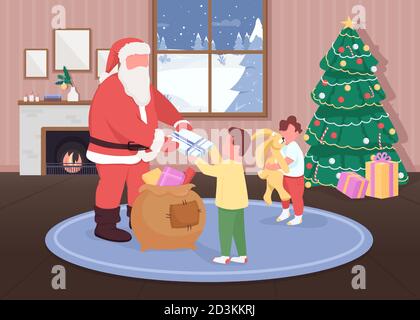 Babbo Natale dà doni ai bambini piatto colore vettore illustrazione Illustrazione Vettoriale