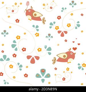 Modello senza cuciture con strani uccelli su sfondo marrone con fiori di piccole dimensioni e filiali. Illustrazione Vettoriale Illustrazione Vettoriale