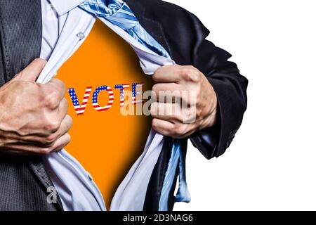 Vota l'illustrazione del concetto. Uomo d'affari ha sbottoned il suo voto della camicia. Elezione, voto, concetto di scelta. Foto Stock