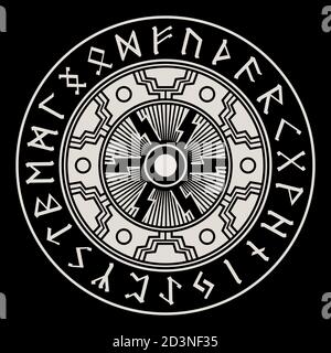 Illustrazione in stile scandinavo celtico. Pattern celtico, ruota del Sole, mandala e cerchio di simboli scandinavi runici, antico alfabeto runico norreno Illustrazione Vettoriale