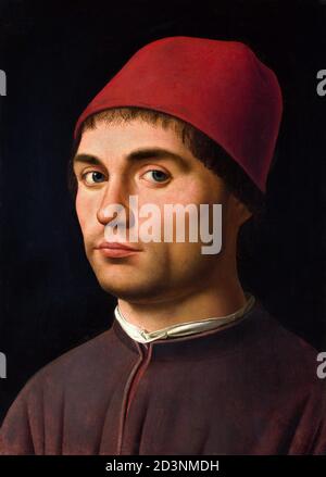 Antonello da Messina. Dipinto 'Ritratto di un uomo' dell'artista siciliano Antonello di Giovanni di Antonio (1430-1479), olio su legno, c. 1475/6. È stato suggerito che questo potrebbe essere un auto-ritratto. Foto Stock