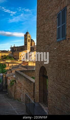 Urbino città, scalinata di strada Palazzo Ducale al tramonto. Sito patrimonio dell'umanità dell'UNESCO. Regione Marche, Italia, Europa. Foto Stock