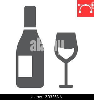 Icona glifo del vino, ringraziamento e bevanda, vetro di grafica vettoriale del segno del vino, icona del tratto modificabile, eps 10. Illustrazione Vettoriale