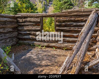 Capanna di tronchi presso il sito della miniera Old Maid, Dexter Creek Trail, Uncompahgre National Forest, Ouray, Colorado. Foto Stock
