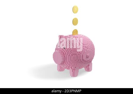 Moneta di criptovaluta Bitcoin che cade in una banca di piggy costruita con blocchi isolati su sfondo bianco. illustrazione 3d. Foto Stock