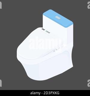 Icona della ciotola isometrica. Illustrazione vettoriale loo domestico. Bagno moderno di colore bianco e blu con wc isolato su sfondo grigio Illustrazione Vettoriale