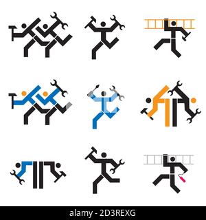 Icone di riparatori, montatori, handyman. Set di simboli neri e colorati con i lavoratori con strumenti. Vettore disponibile. Illustrazione Vettoriale