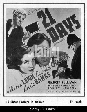 LE BANCHE VIVIEN LEIGH LAURENCE OLIVIER E LESLIE IN 21 GIORNI AKA VENTUNO GIORNI INSIEME AKA IL PRIMO E IL PUBBLICATO IL 1937 1940 regista BASIL DEAN romanzo JOHN GALSWORTHY Scenario Basil Dean e Graham Greene produttore Alexander Korda London Produzioni cinematografiche / Columbia Pictures Foto Stock