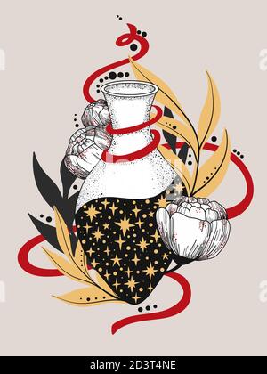 Bottiglia magica disegnata a mano. Flaconcino con fiore. Stile gotico. Illustrazione vettoriale isolata. Design del tatuaggio, simbolo magico per l'uso. Illustrazione Vettoriale
