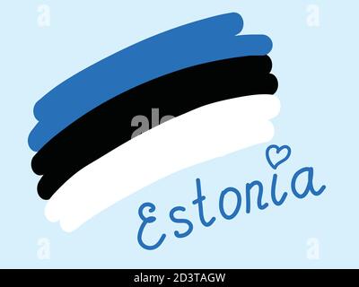 Bandiera nazionale dello stato dell'Estonia con cuore, vettore illustrazione a mano libera. Semplice bandiera stilizzata Estonia blu nero bianco Illustrazione Vettoriale
