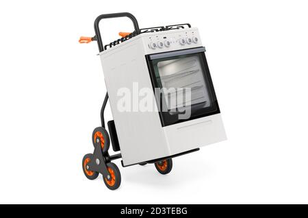 Carrello a mano con stufa a gas. Concetto di fornitura di appliance. Rendering 3D isolato su sfondo bianco Foto Stock