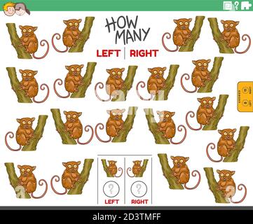 Illustrazione di Cartoon di attività educativa di contare a sinistra e a destra Immagini orientate di Tarsier personaggio animale Illustrazione Vettoriale