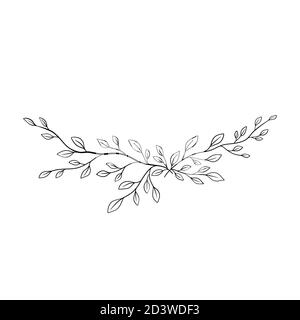 Vettore tracciato a mano nero su bianco Branch con foglie. Semplice illustrazione floreale. Contorno dell'inchiostro botanico. Illustrazione linea-arte minimalistica. Illustrazione Vettoriale