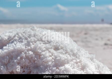 Mazzo di sale rosa in primo piano che splende sulla costa del lago salato con lo sfondo blu del cielo sfocato. Centro benessere a Syvash o Sivash, il mare di Putrid o Rotten Foto Stock