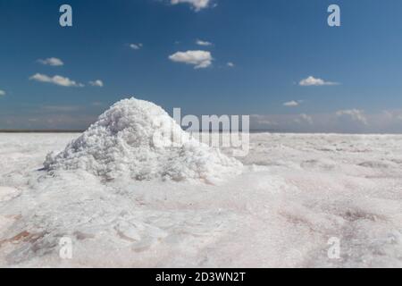 Il mazzo di sale bianco da vicino splende sulla costa del lago salato con lo sfondo blu del cielo sfocato. Spa ricreazione su Syvash o Sivash, il mare Putrid Ucraina Foto Stock