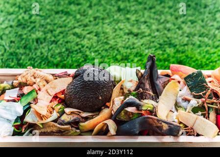 Materiale per ridurre in concime organico spreco di cibo e trasformarlo in terreno nutriente-ricco per piante. Foto Stock