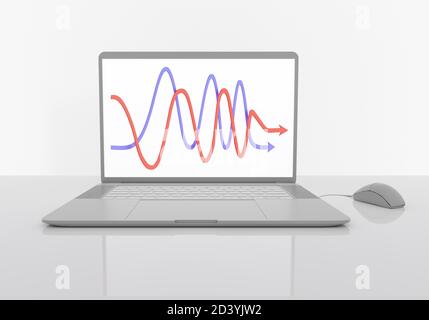 laptop sul tavolo grigio riflettente, monitor con programma blu rosso, concetto di lavoro a casa, luogo di lavoro, rendering 3d Foto Stock