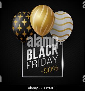 Poster in vendita Black Friday con palloncini di lusso lucido su sfondo nero con cornice quadrata in vetro. Illustrazione vettoriale. Illustrazione Vettoriale
