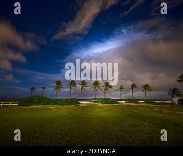 Una fila di palme da cocco ondeggia di notte mentre le tempeste si preparano sull'Oceano Atlantico al largo di Fort Lauderdale Beach. Foto Stock