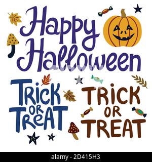 Elementi di scritta disegnati a mano di Halloween per la progettazione di volantini, striscioni e biglietti d'auguri Illustrazione Vettoriale
