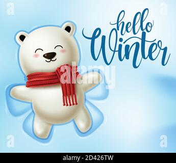 Disegno vettoriale dell'orso polare invernale. Ciao testo invernale in fondo spazio nevoso con il gioco carino orso polare per il design di saluto stagione invernale Illustrazione Vettoriale