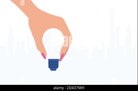 Vettore di mano donna che tiene la lampadina su un paesaggio urbano sfondo Illustrazione Vettoriale
