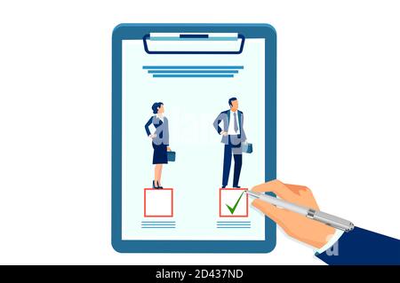 Discriminazione di genere e concetto di disuguaglianza. Vettore di un datore di lavoro che fa una scelta a favore di un candidato maschile Illustrazione Vettoriale