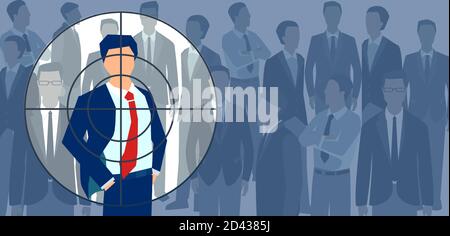 Reclutamento del concetto di candidato migliore. Vettore di un uomo d'affari che si levano in piedi fuori dalla folla Illustrazione Vettoriale