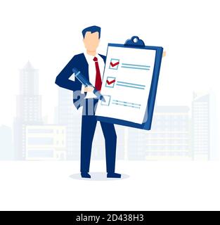 Vettore di un uomo d'affari tenendo appunti con checklist Illustrazione Vettoriale