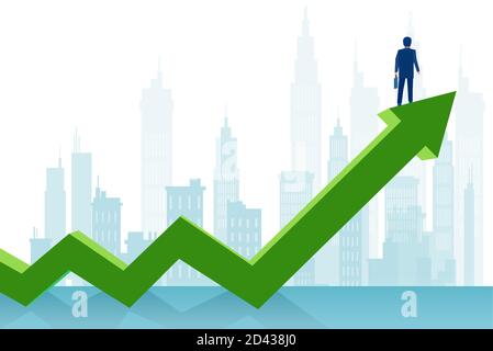 Vettore di un uomo d'affari di successo in piedi su una freccia verde crescere guardando una città Illustrazione Vettoriale