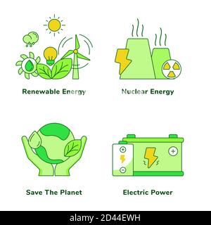 Collezione di set di ecologia energia rinnovabile energia nucleare salvare il pianeta potenza elettrica sfondo isolato bianco con tema verde contorno piatto stile Illustrazione Vettoriale