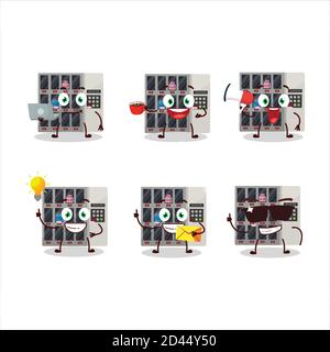 Tra noi distributore automatico cartoon carattere con vari tipi di emoticon aziendali Illustrazione Vettoriale