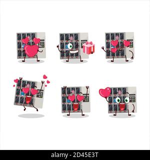 Tra noi distributore automatico cartoon personaggio con amore simpatico emoticon Illustrazione Vettoriale