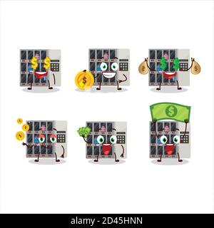 Tra noi distributore automatico cartoon personaggio con simpatico emoticon portare denaro Illustrazione Vettoriale